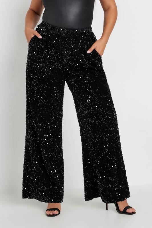 Evans YOURS Curve Black Wide Leg Sequin Trousers