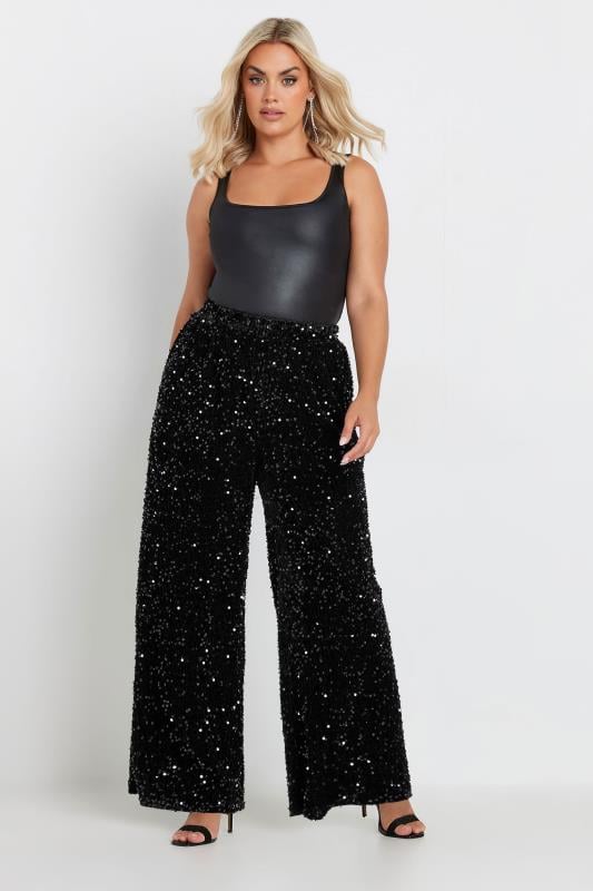 Evans YOURS Curve Black Wide Leg Sequin Trousers