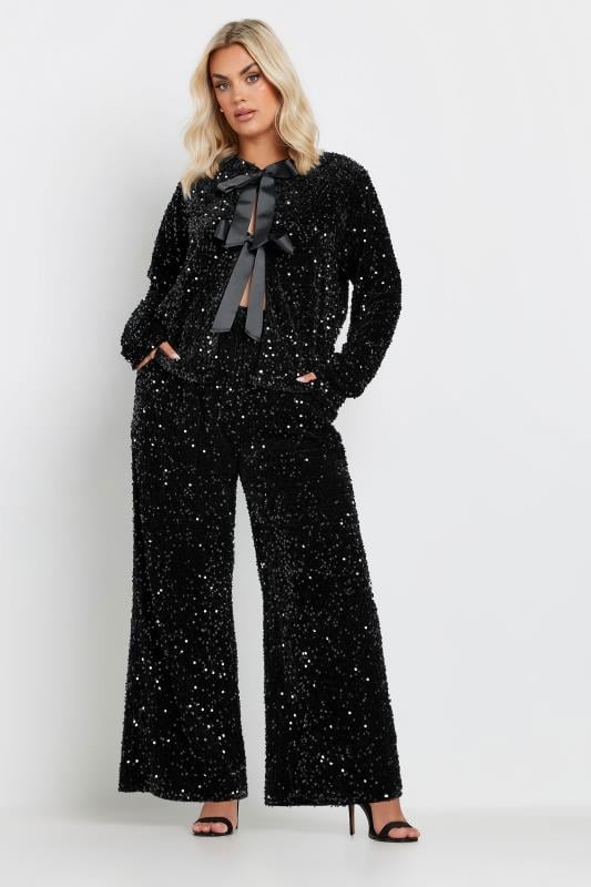 evans YOURS Curve Black Wide Leg Sequin Trousers