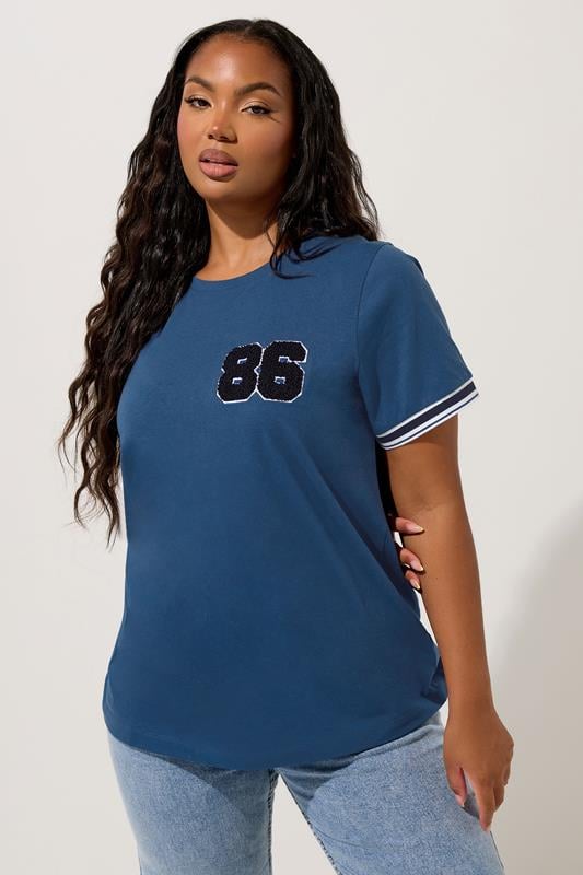 Evans YOURS Curve Blue '86' Varsity Trim T-Shirt