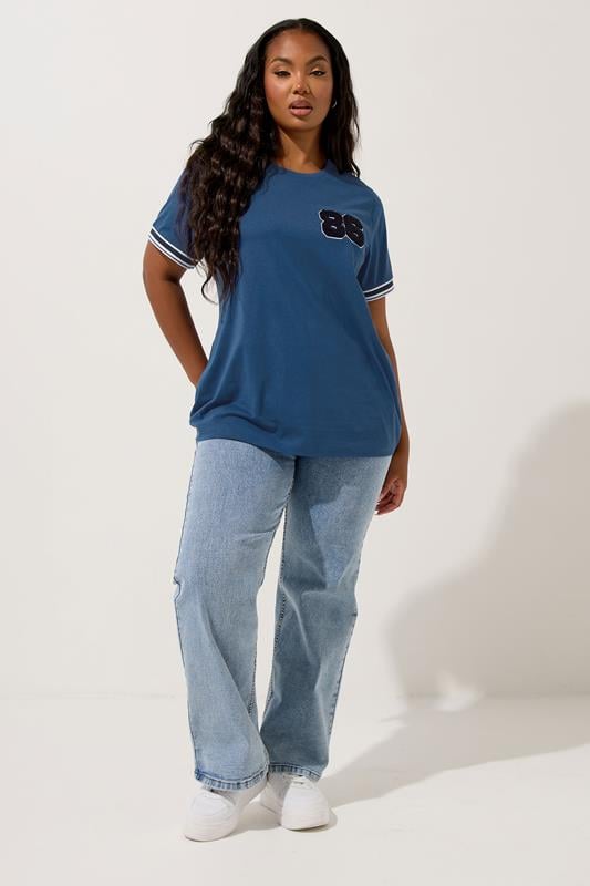 Evans YOURS Curve Blue '86' Varsity Trim T-Shirt