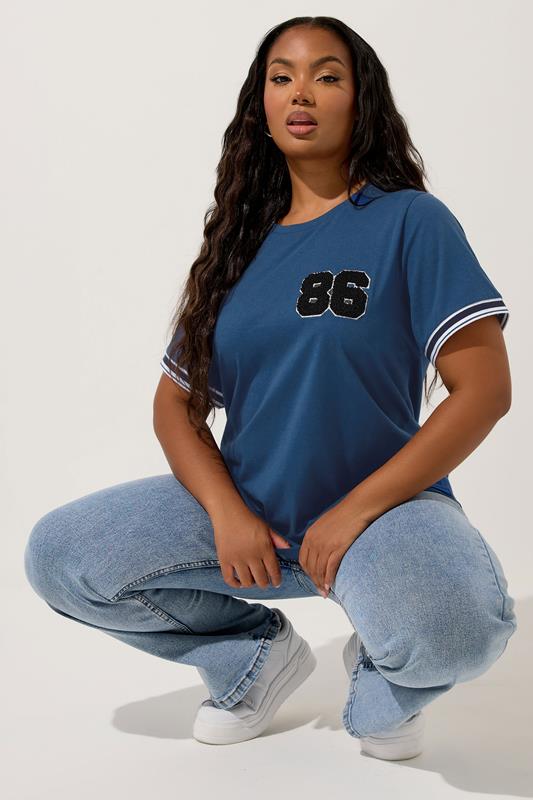 evans YOURS Curve Blue '86' Varsity Trim T-Shirt