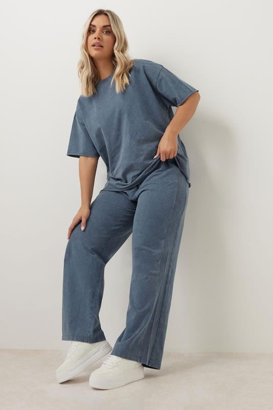 Evans YOURS Curve Blue Acid Wash Wide Leg Joggers