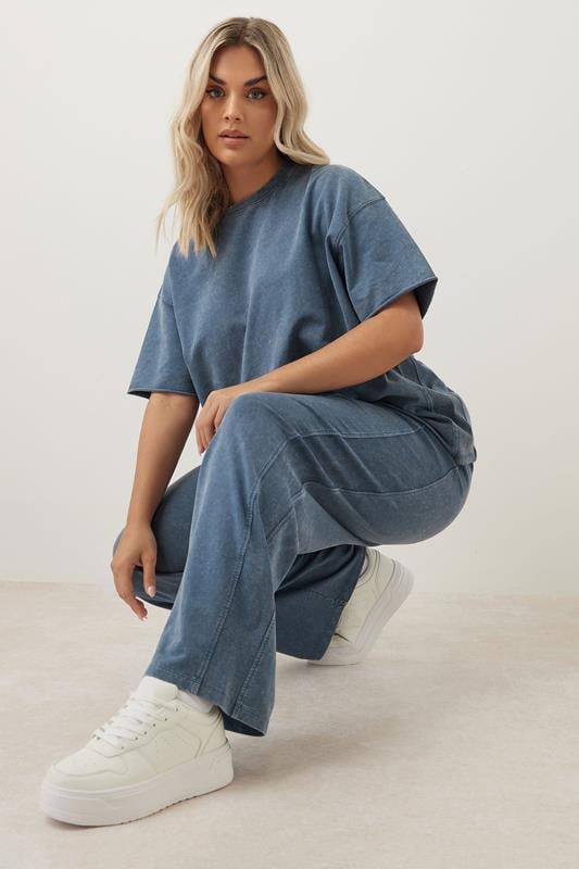 evans YOURS Curve Blue Acid Wash Wide Leg Joggers