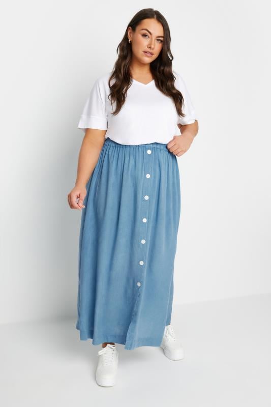 Evans YOURS Curve Blue Chambray Button Maxi Skirt