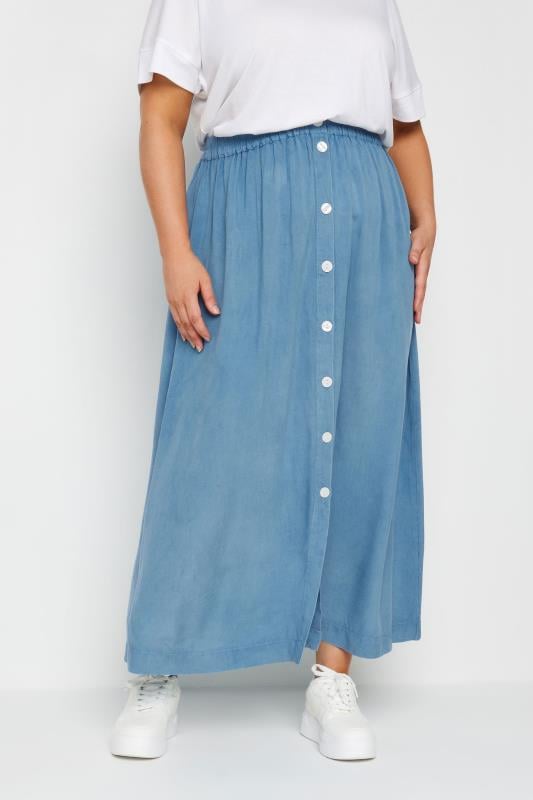 evans YOURS Curve Blue Chambray Button Maxi Skirt