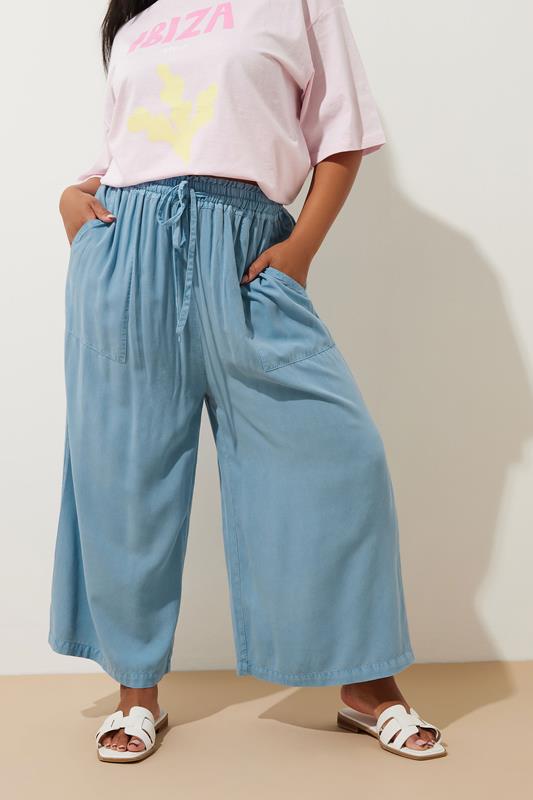 Evans YOURS Curve Blue Chambray Tie Front Culottes