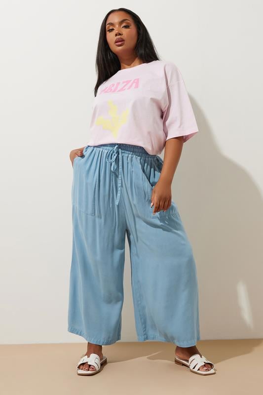 evans YOURS Curve Blue Chambray Tie Front Culottes