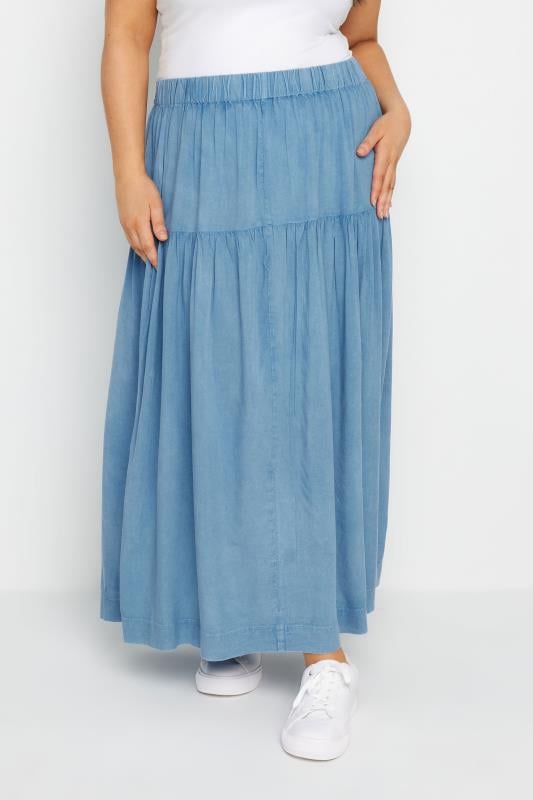 Evans YOURS Curve Blue Chambray Tiered Midi Skirt