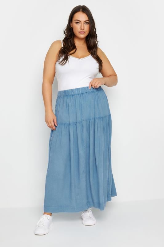 Evans YOURS Curve Blue Chambray Tiered Midi Skirt