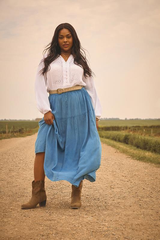 evans YOURS Curve Blue Chambray Tiered Midi Skirt