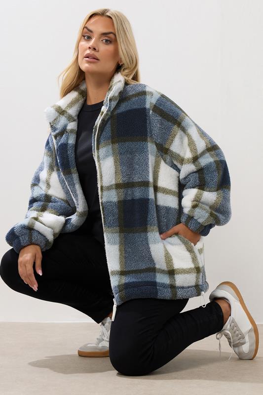 evans YOURS Curve Blue Check Fleece Jacket