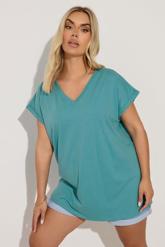evans YOURS Curve Blue Cotton Rich V-Neck Top