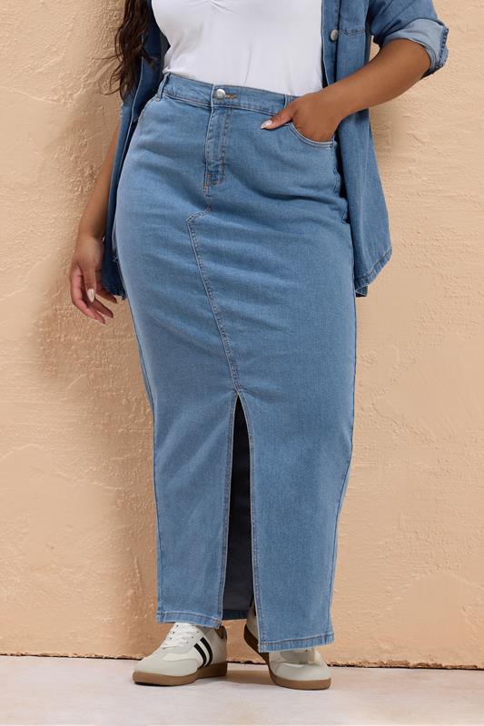 evans YOURS Curve Blue Denim Stretch Maxi Skirt