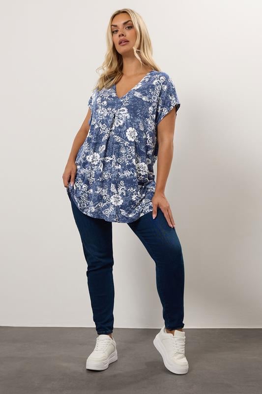 Evans YOURS Curve Blue Floral Pleat Front Top