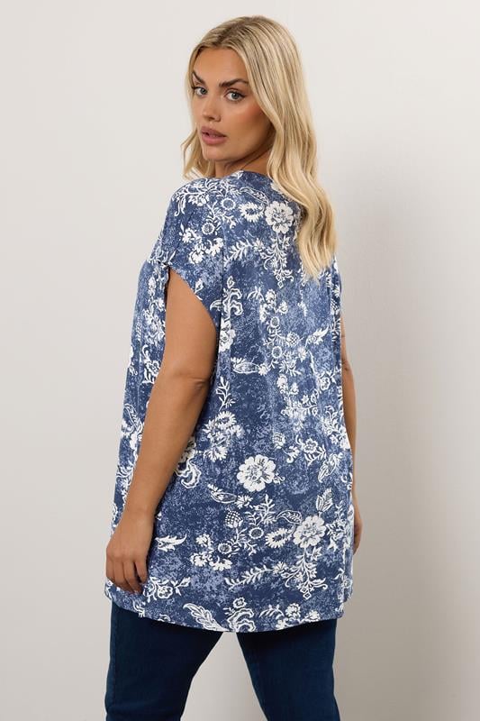 Evans YOURS Curve Blue Floral Pleat Front Top