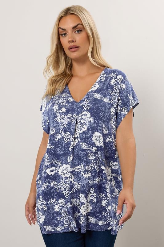 evans YOURS Curve Blue Floral Pleat Front Top