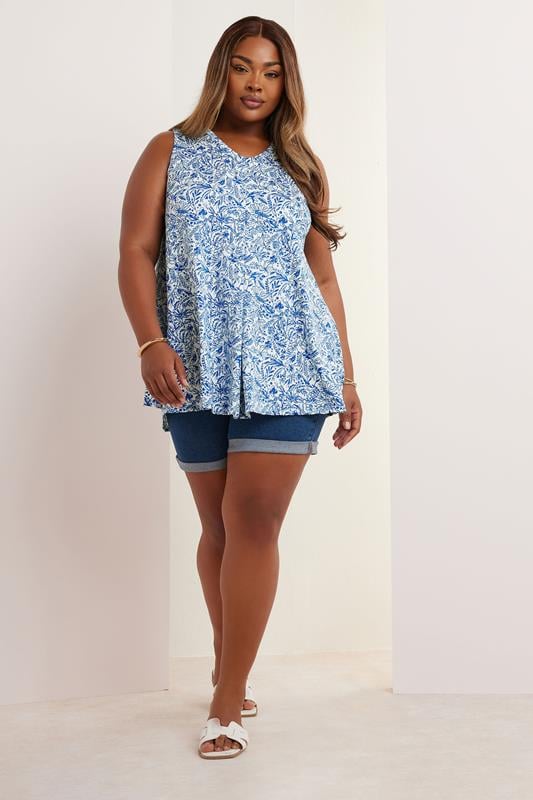 Evans YOURS Curve Blue Floral Pleat Front Vest Top