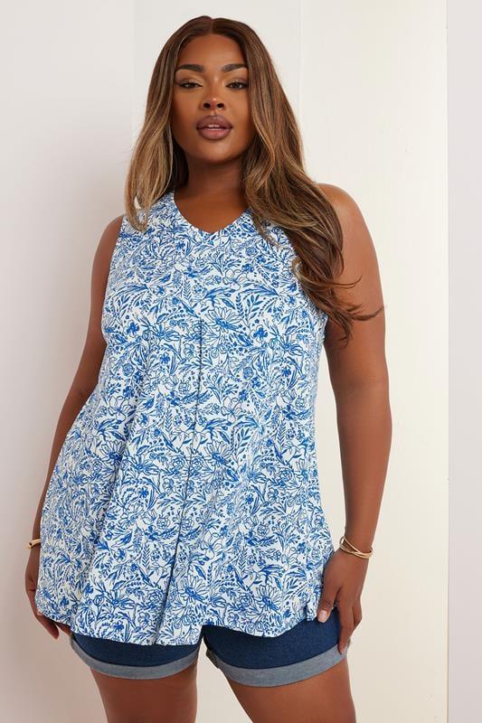 evans YOURS Curve Blue Floral Pleat Front Vest Top