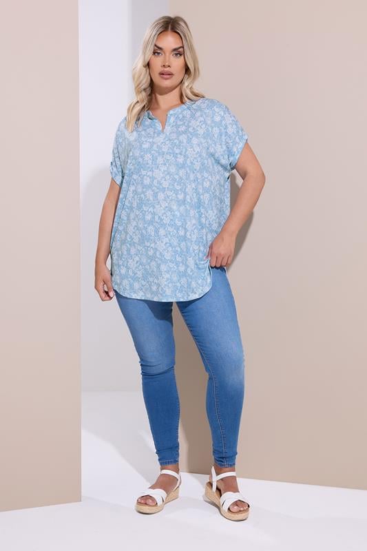 Evans YOURS Curve Blue Floral Print Notch Neck Top