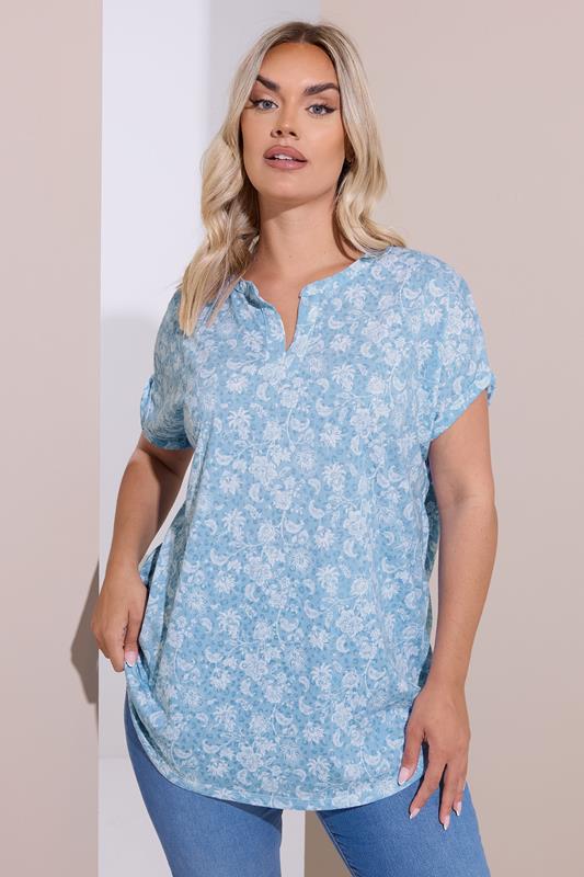 evans YOURS Curve Blue Floral Print Notch Neck Top