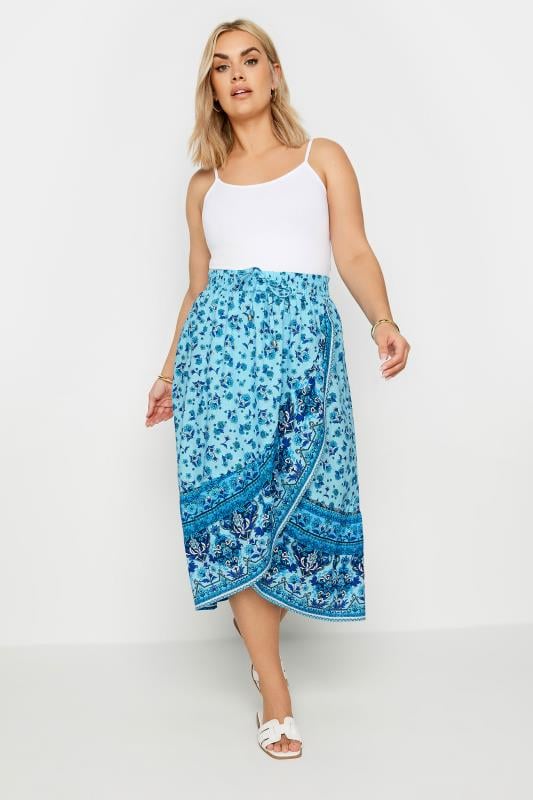 Evans YOURS Curve Blue Floral Print Wrap Skirt