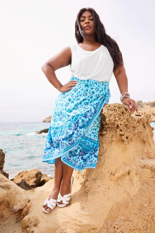 Evans YOURS Curve Blue Floral Print Wrap Skirt