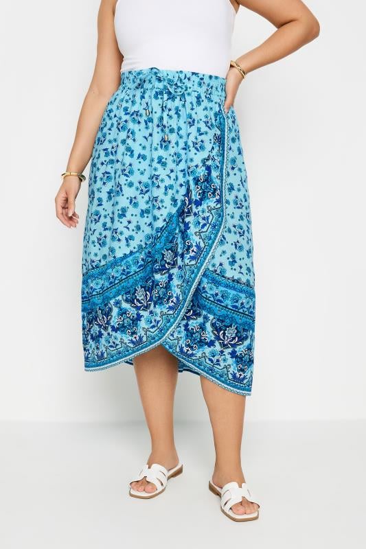 evans YOURS Curve Blue Floral Print Wrap Skirt