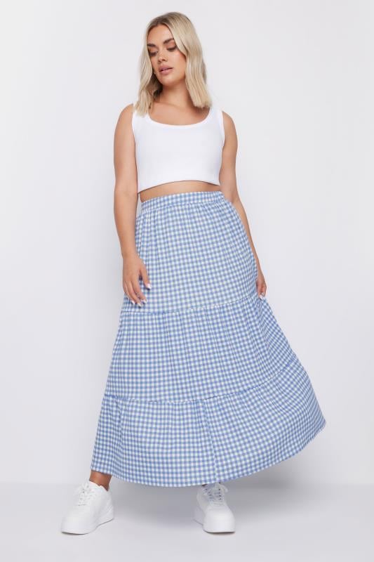 Evans YOURS Curve Blue Gingham Textured Maxi Skirt
