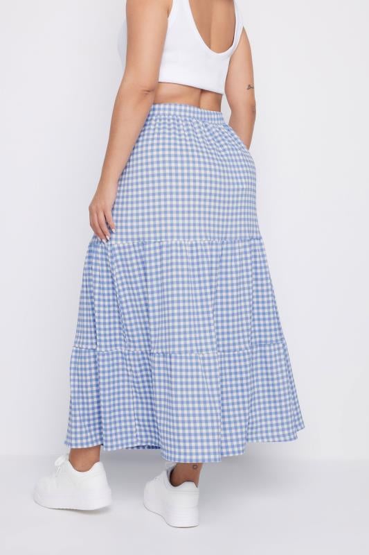 Evans YOURS Curve Blue Gingham Textured Maxi Skirt