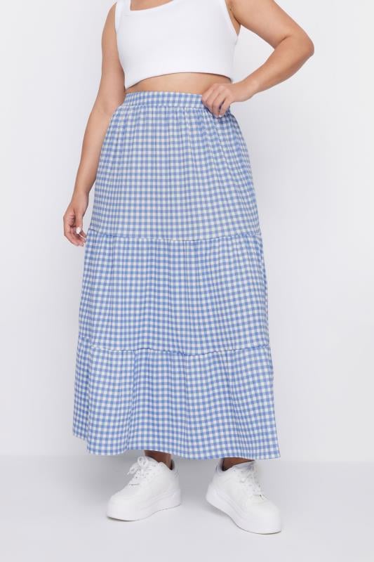 evans YOURS Curve Blue Gingham Textured Maxi Skirt