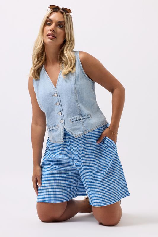 evans YOURS Curve Blue Gingham Textured Shorts