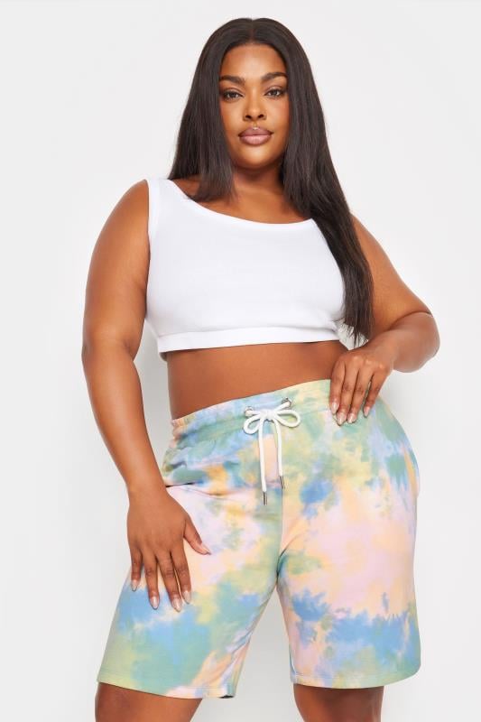 evans YOURS Curve Blue & Green Tie Dye Jogger Shorts