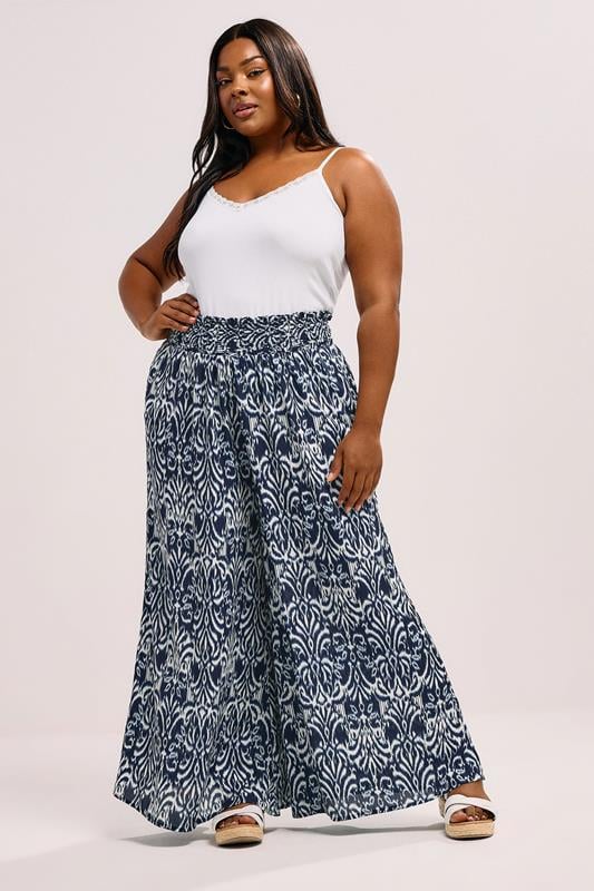 Evans YOURS Curve Blue Ikat Shirred Waist Trousers