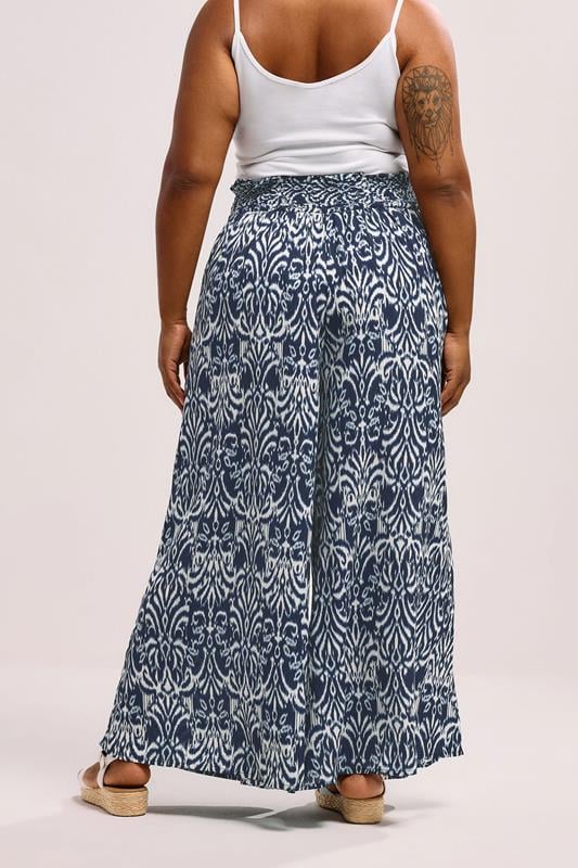 Evans YOURS Curve Blue Ikat Shirred Waist Trousers
