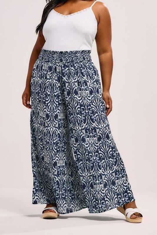 evans YOURS Curve Blue Ikat Shirred Waist Trousers