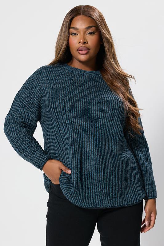 evans YOURS Curve Blue Knitted Crew Neck Jumper