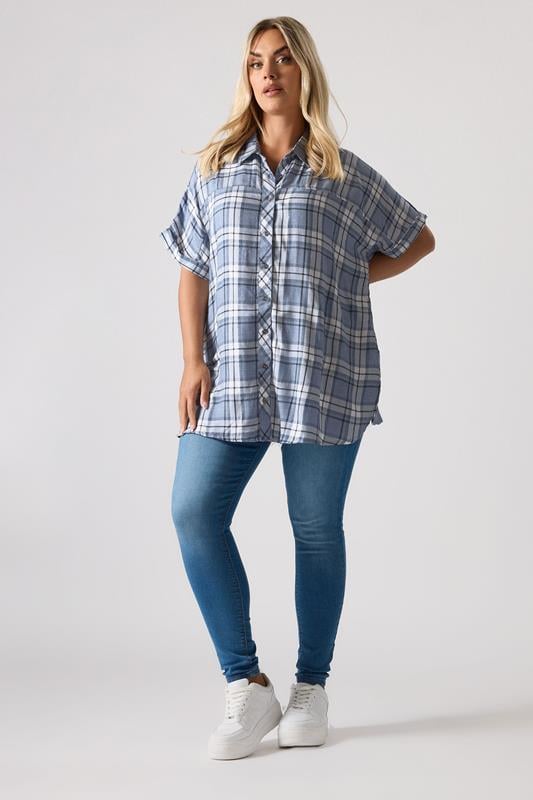Evans YOURS Curve Blue Metallic Check Print Shirt
