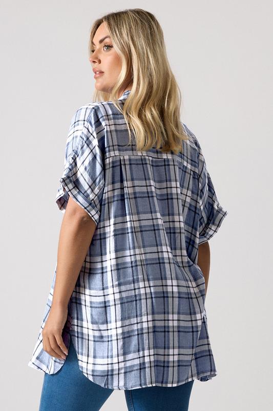 Evans YOURS Curve Blue Metallic Check Print Shirt