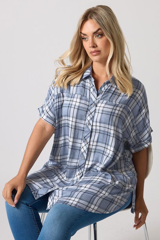 evans YOURS Curve Blue Metallic Check Print Shirt