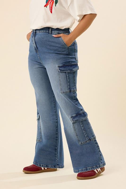 Evans YOURS Curve Blue Mid Wide Leg Cargo Jeans
