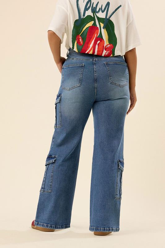 Evans YOURS Curve Blue Mid Wide Leg Cargo Jeans