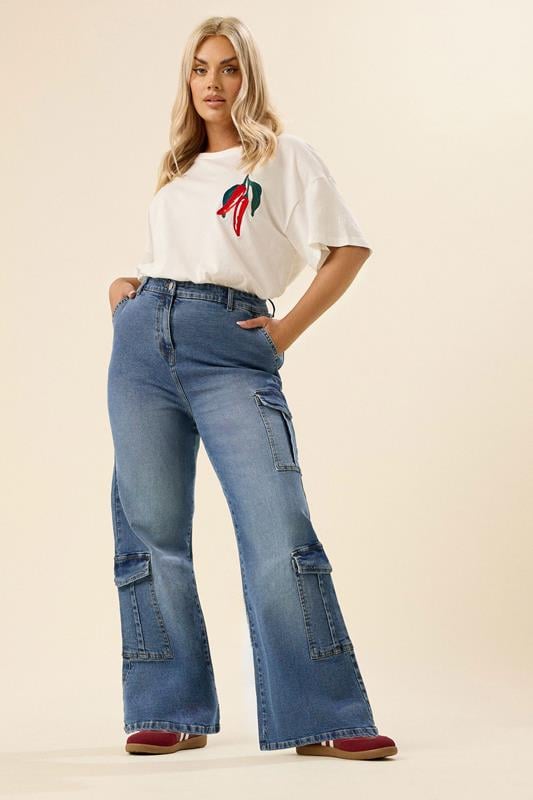 evans YOURS Curve Blue Mid Wide Leg Cargo Jeans