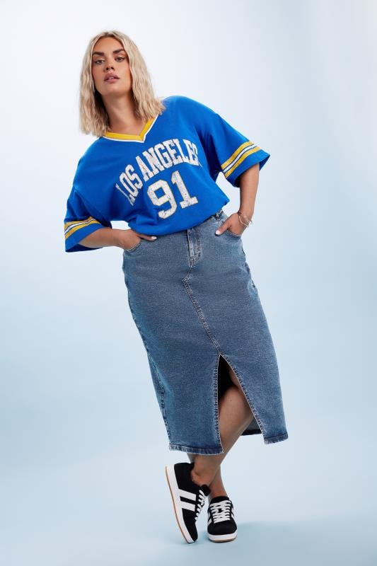 Evans YOURS Curve Blue Midi Stretch Denim Skirt