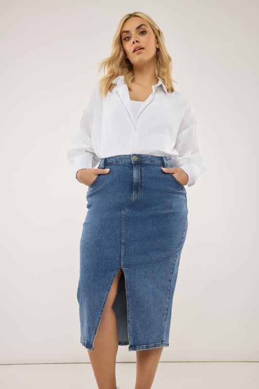 Evans YOURS Curve Blue Midi Stretch Denim Skirt