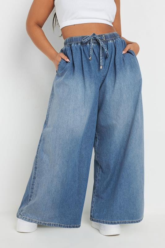 Evans YOURS Curve Blue Palazzo Leg Tie Waist Jeans