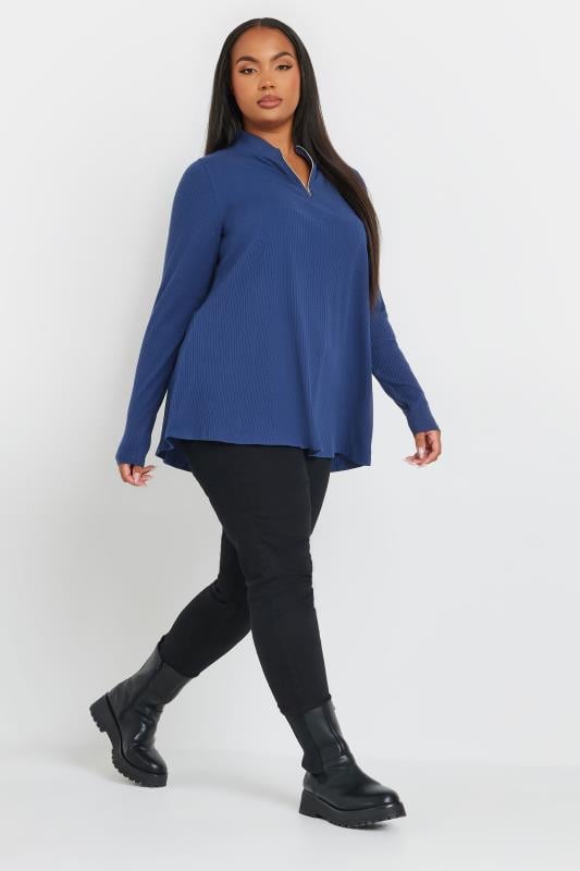 Evans YOURS Curve Blue Ribbed Quarter Zip Top