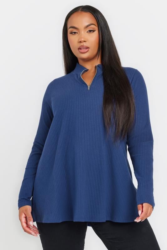 evans YOURS Curve Blue Ribbed Quarter Zip Top