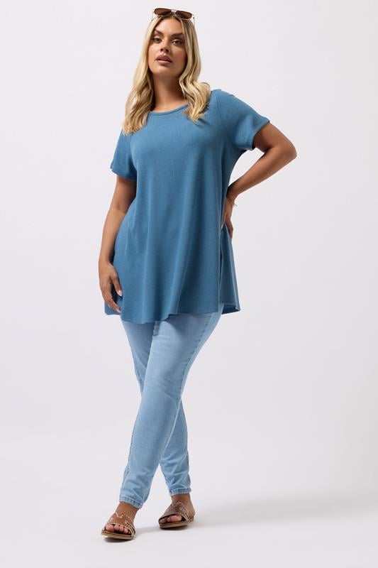Evans YOURS Curve Blue Ribbed Soft Touch T-Shirt