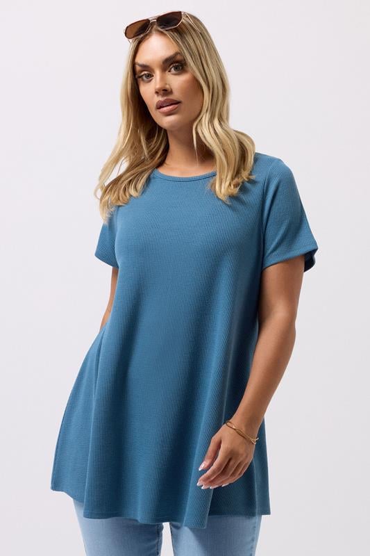 evans YOURS Curve Blue Ribbed Soft Touch T-Shirt
